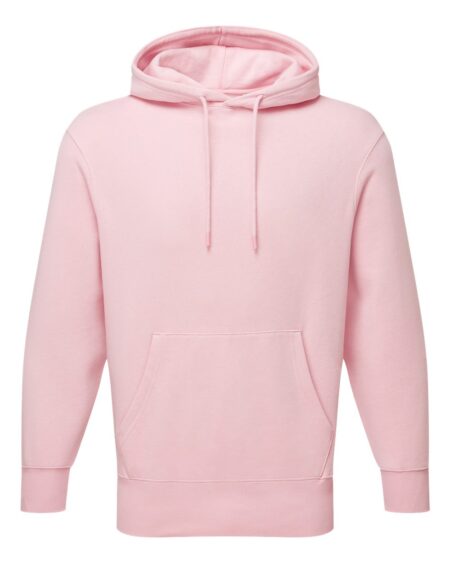 Front view of a pink TriDri TD602 hooded sweatshirt