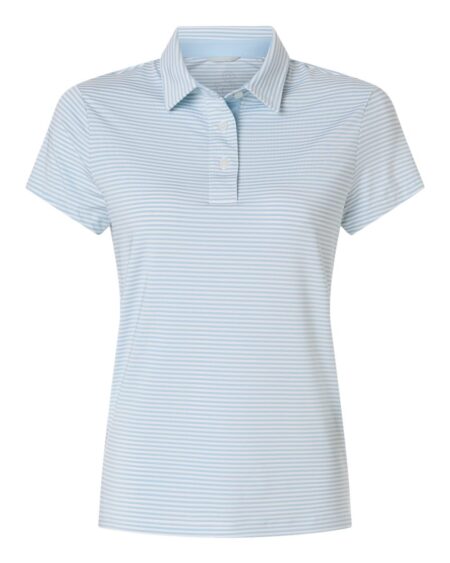 Light blue and white striped women’s polo shirt shown from the front