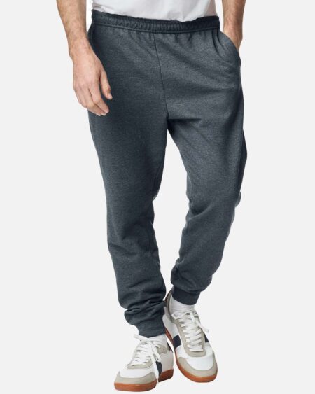 Front view of dark gray Gildan 18250 joggers with pockets and rib cuffs