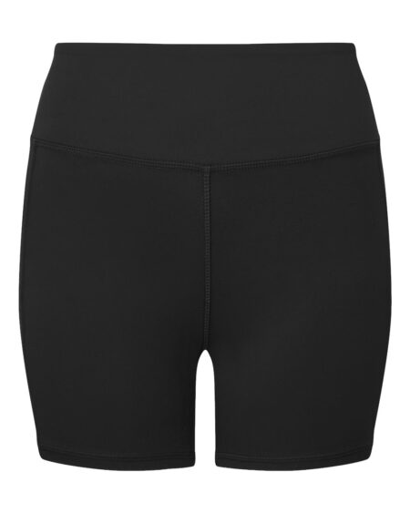 Front view of black TriDri women’s performance micro shorts