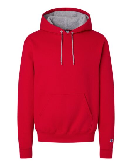 Red Champion hooded sweatshirt with a gray contrast-lined hood