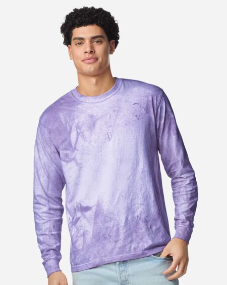 Front view of a model wearing the purple Comfort Colors 6045 long sleeve shirt