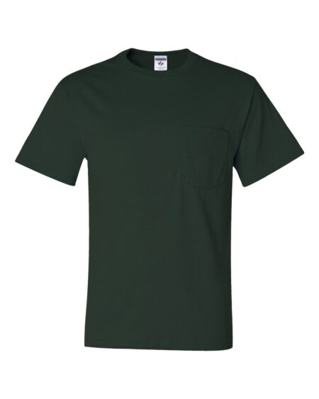 Dark green Jerzees pocket T-shirt shown from the front