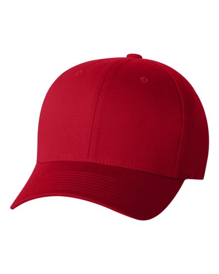 Red Flexfit six-panel cotton twill cap with curved visor