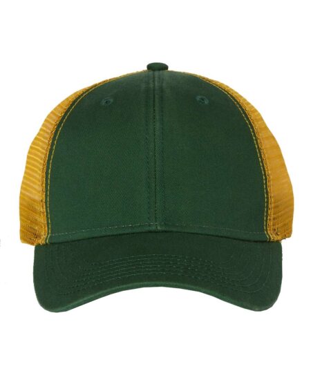 Dark green and gold Valucap AH80 trucker cap shown from the front