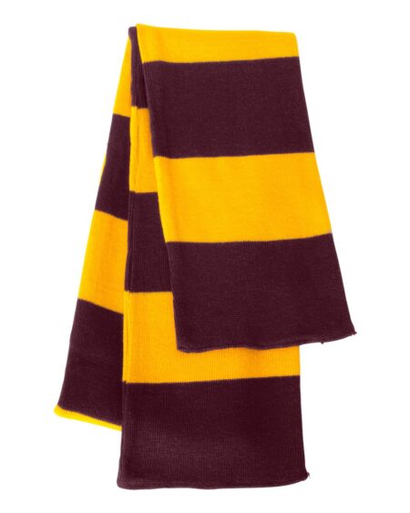 Maroon and gold rugby-striped knit scarf