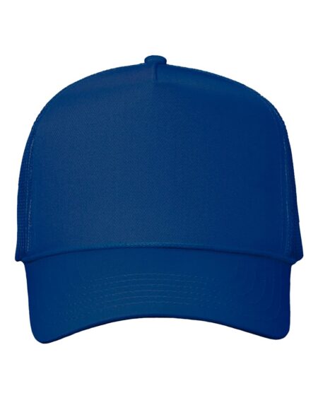 Royal blue five-panel trucker cap, front view
