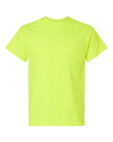 Front view of a Safety Green Gildan 2300 pocket T-shirt