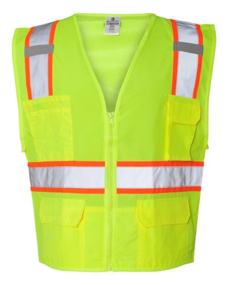 Front view of lime Kishigo vest with reflective stripes, zipper, chest pockets, and lower patch pockets