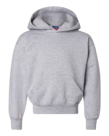 Front view of the light steel Champion S790 youth hooded sweatshirt