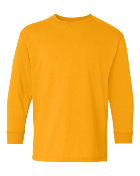 Gold Gildan youth heavy cotton long sleeve T-shirt shown from the front