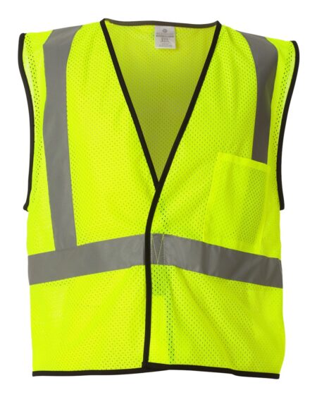 Lime Kishigo mesh safety vest with reflective stripes and left chest pocket