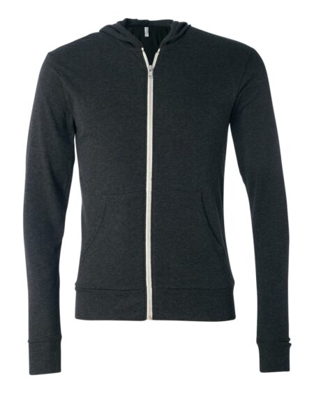 Charcoal black triblend full-zip hooded long sleeve tee