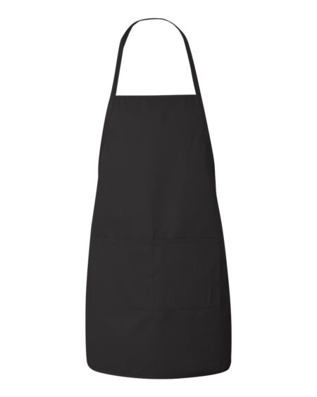 Black long butcher block apron with two front pockets