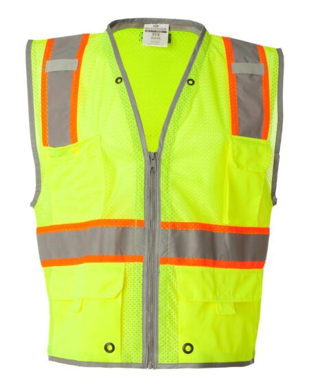 High-visibility lime safety vest with orange and silver reflective stripes, front view