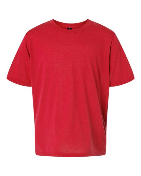 Front view of the red Gildan 42000B youth performance T-shirt