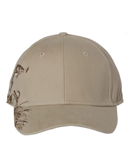 Front view of the sand DRI DUCK 3256 Trout Cap with trout artwork