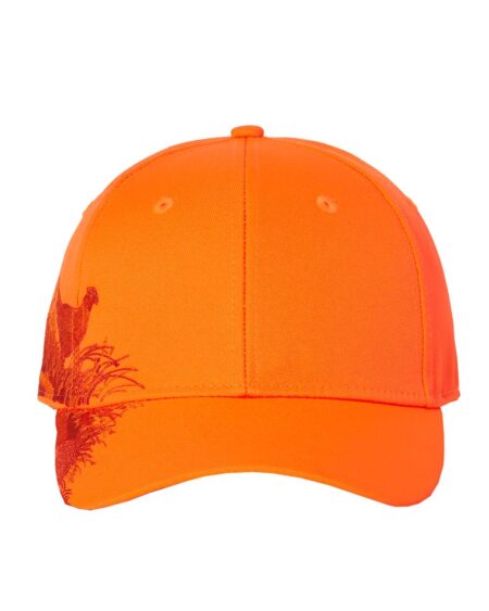 Front view of blaze orange DRI DUCK pheasant cap
