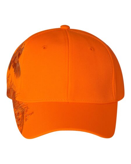 Front view of the blaze orange DRI DUCK quail cap with curved bill