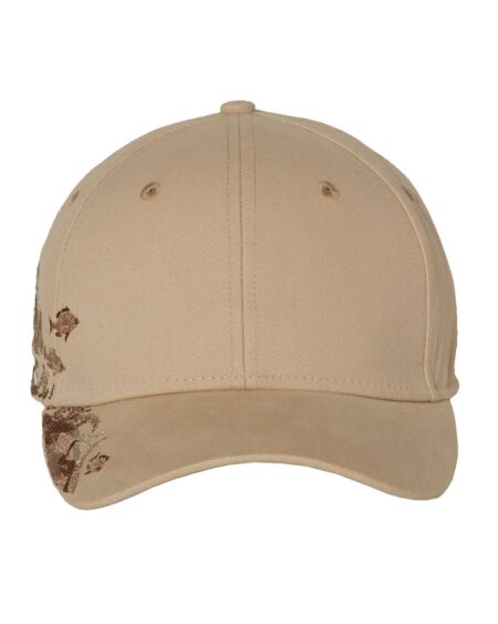 Front view of the tan DRI DUCK 3303 Bass Cap with curved bill