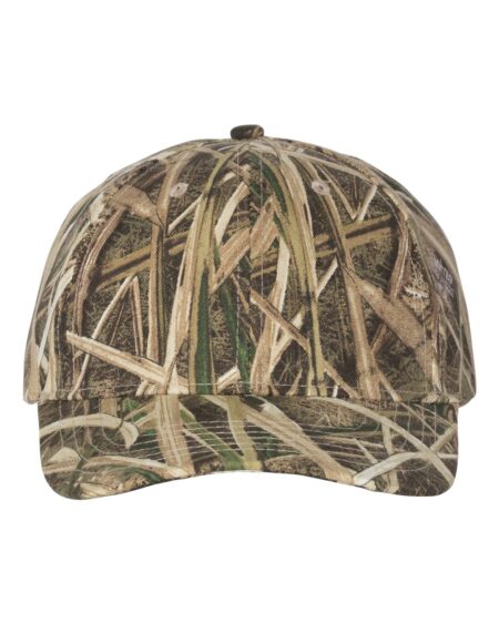 Front view of a structured six-panel camo cap with a pre-curved visor