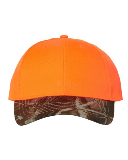 Front view of blaze orange Kati cap with Realtree camouflage visor