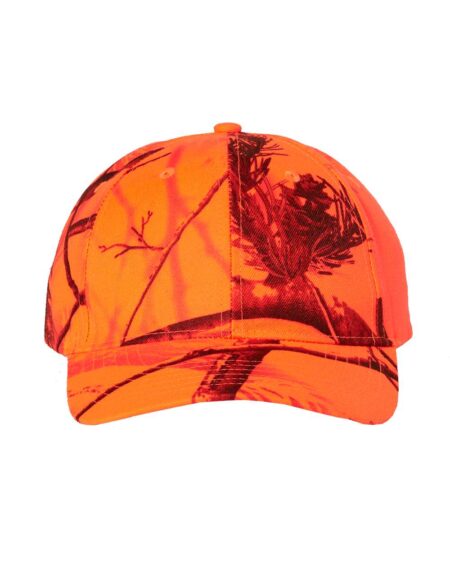 Kati SN200 Blaze camouflage hat with an orange pattern and pre-curved visor