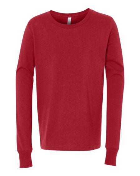 Red BELLA + CANVAS 3501Y youth long sleeve tee