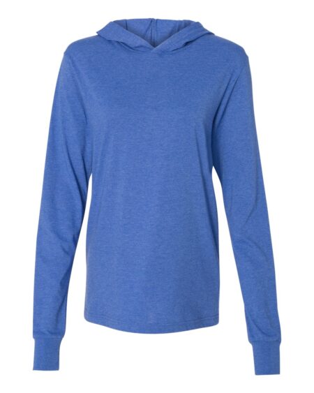 Blue BELLA + CANVAS 3512 hooded long sleeve tee shown from the front