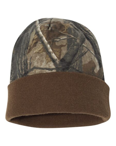 Front view of a Kati LCB12 camo cuffed beanie with a brown cuff