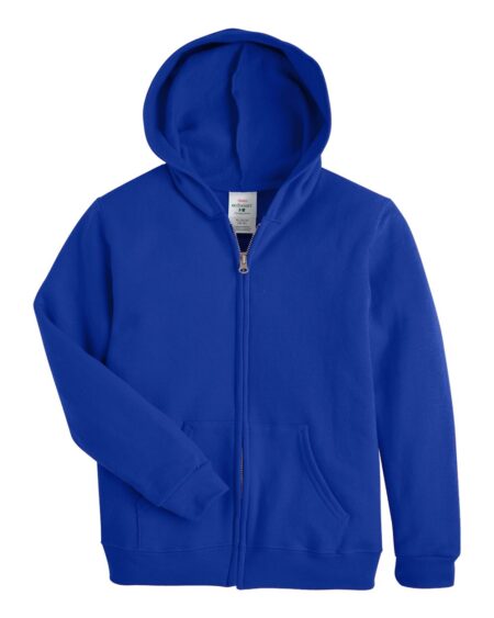Blue Hanes P480 youth zip hoodie with split-pouch pockets