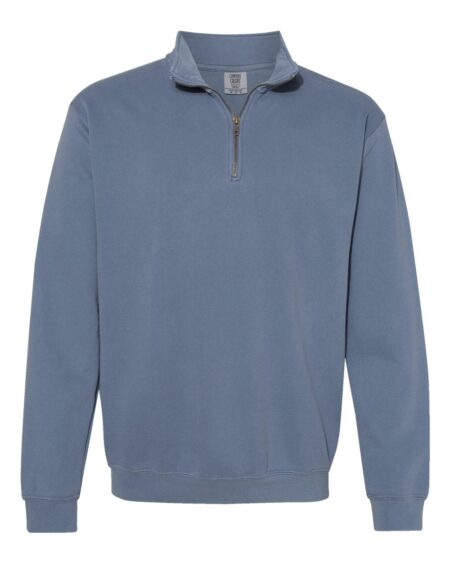 Front view of a garment-dyed quarter-zip sweatshirt with a stand collar and ribbed cuffs