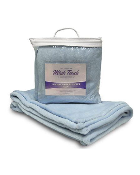 Folded light blue Mink Touch baby blanket with matching zippered storage bag