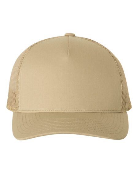 Khaki five-panel trucker cap with a mesh back and curved visor