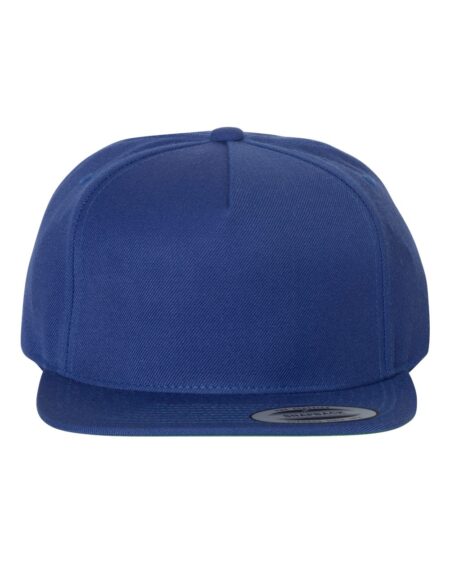 Blue five-panel snapback cap with a flat bill