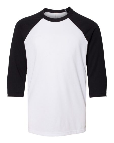 White youth three-quarter sleeve baseball tee with black raglan sleeves and collar