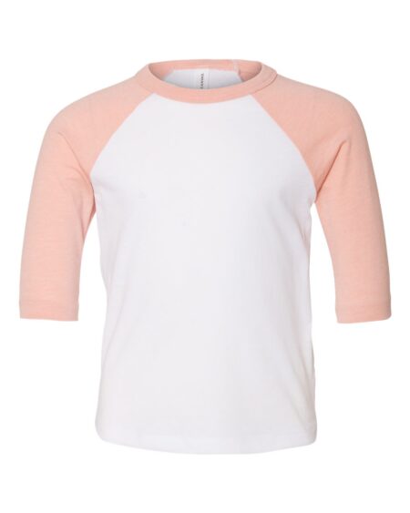 White toddler baseball tee with contrast peach three-quarter raglan sleeves