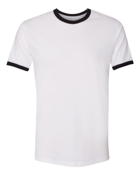 White Next Level 3604 ringer T-shirt with black neck and sleeve binding