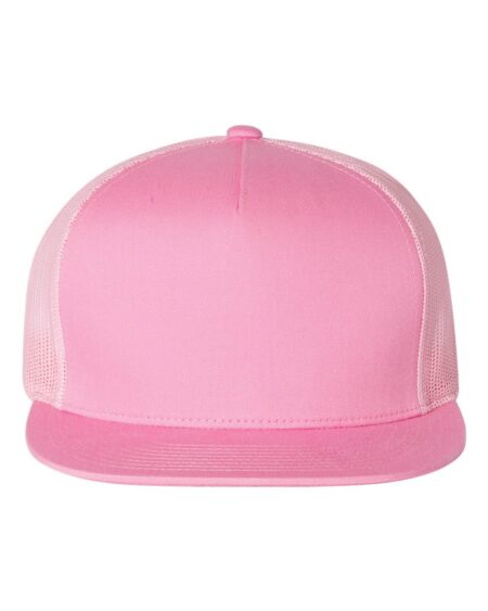 Pink five-panel trucker cap with a flat bill
