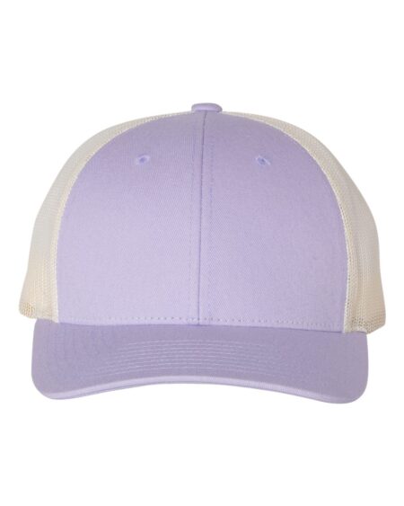 Richardson 115 low-profile trucker cap with a light purple front and white mesh back