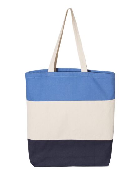 Tri-color canvas tote bag with blue, natural, and navy panels