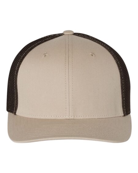 Front view of the Richardson 110 R-Flex trucker cap in khaki and black