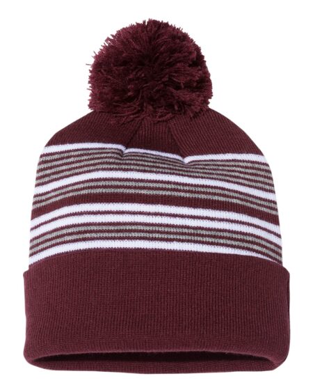Maroon striped cuffed beanie with a pom-pom