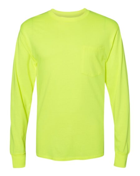 Front view of a neon green Hanes W120 long sleeve pocket shirt