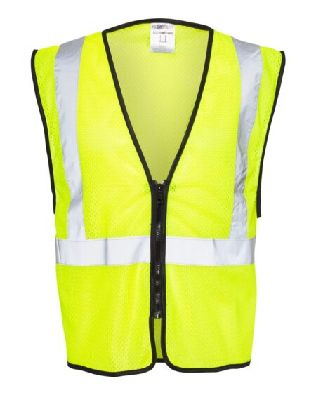Front view of a lime Kishigo mesh vest with a zipper and reflective stripes