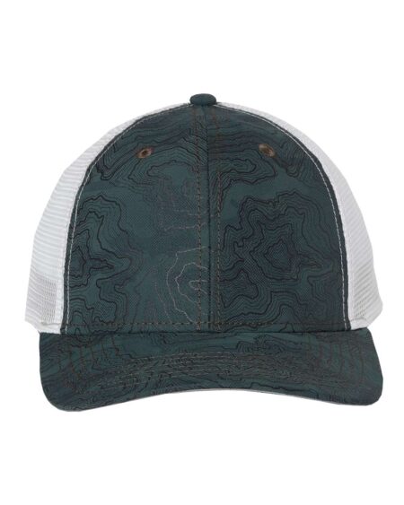 Front view of the Dri Duck 3458 Territory Trucker Cap with topographical camo panels and a contrasting mesh back