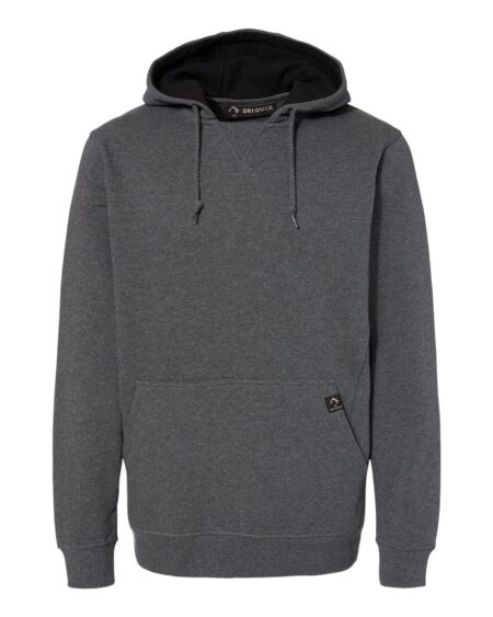 Front view of the DRI DUCK 7035 men's fleece hooded pullover in dark gray