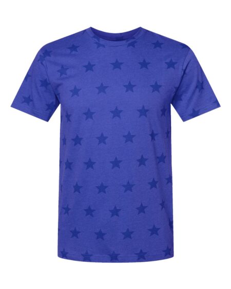 Blue star-print tee shown from the front on a white background