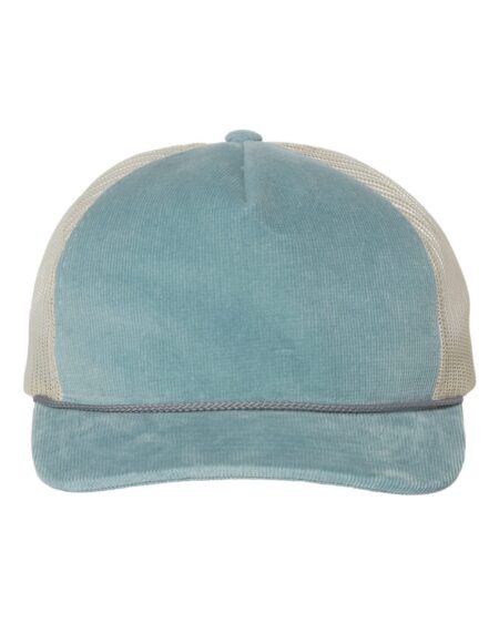 Light blue and sand Richardson 930 corduroy trucker cap with mesh back