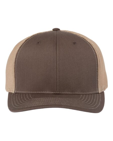 Richardson 112PL trucker cap in brown and khaki with a pre-curved bill
